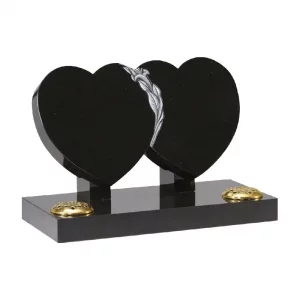 All Polished Black Double Heart with Hand Carved Flower