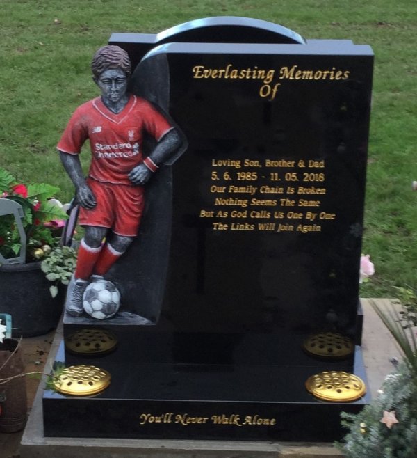 The sportman memorial headstone with liverpool football club kit hand painted