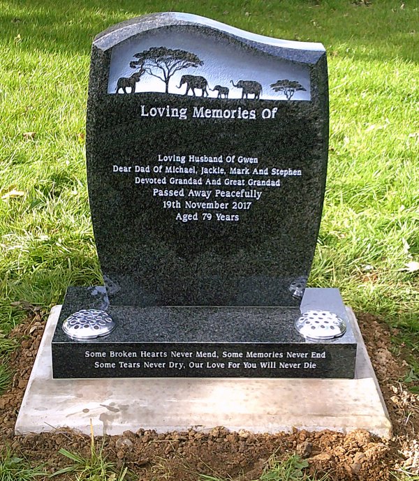 Avon with Elephants etchings on memorial headstone