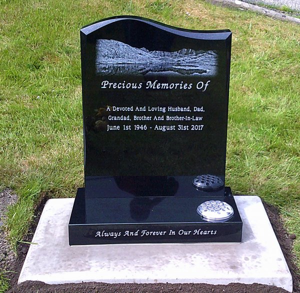 The Devon memorial headstone with snowdon laser etching