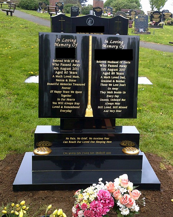 Large book memorial headstone with gold cord hand painted