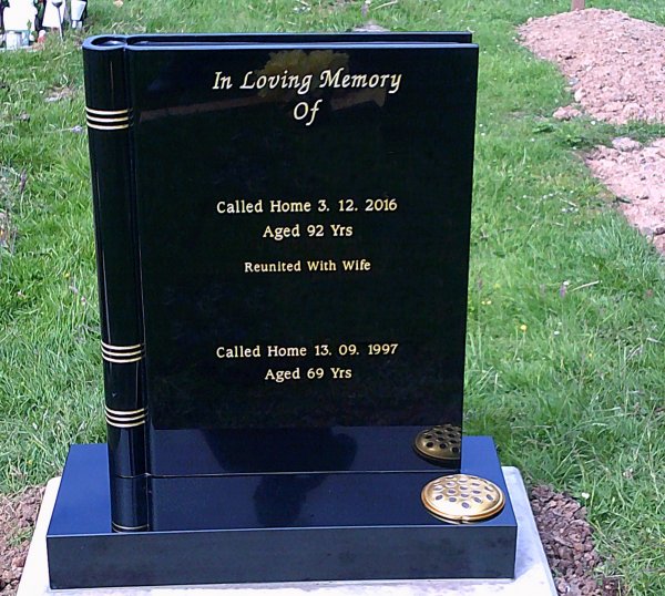 The bible book memorial headstone with polished black finish