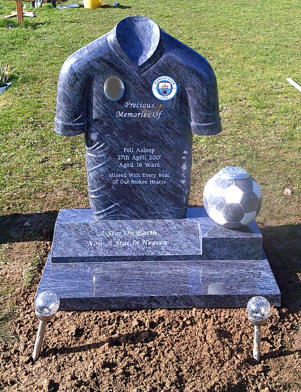 The Charlton sports memorial headstone with manchester city football club hand painted team emblem