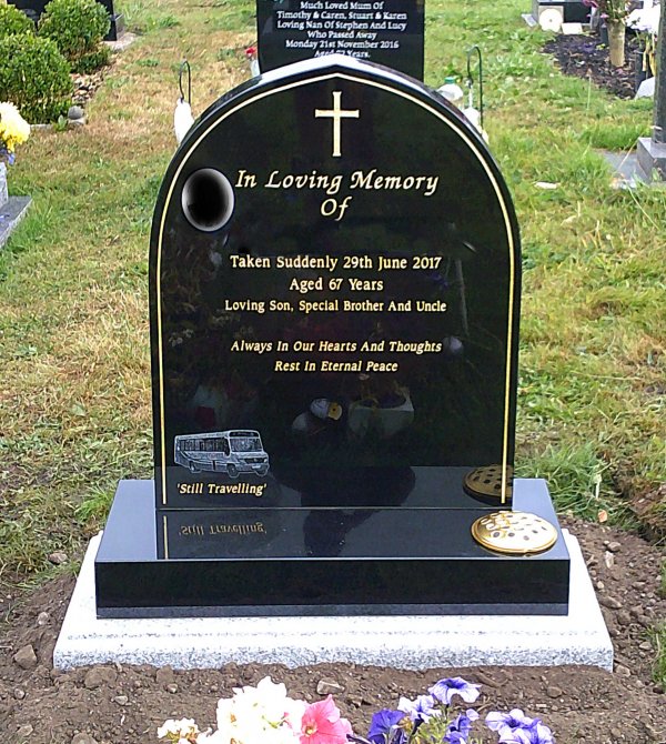 The Gothic with bus laser etching memorial headstone and hand painted cross